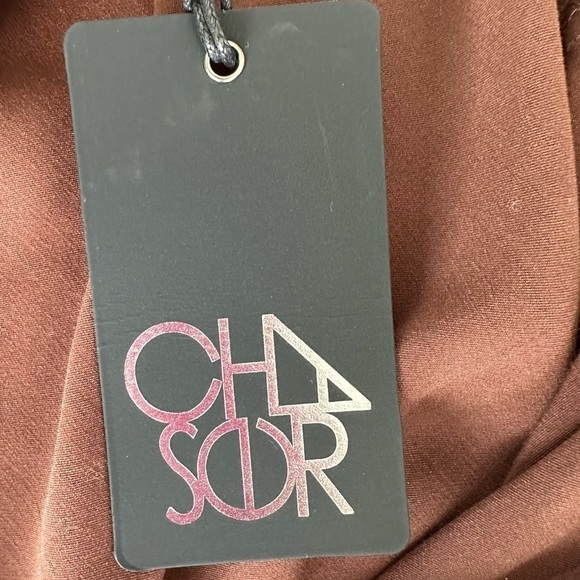 NEW CHASER Satin Popover Blouse Chocolate Brown Pointed Collar Lowcut Size Small - Picture 3 of 4